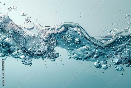 Close up of water waves and bubbles on blue background with copy space