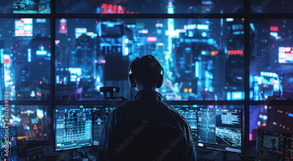 Amidst the vibrant cityscape, the security officer maintained a constant vigil in the high-tech control room. Amidst the vibrant cityscape, the security officer maintained a constant vigil in the high-tech control room.