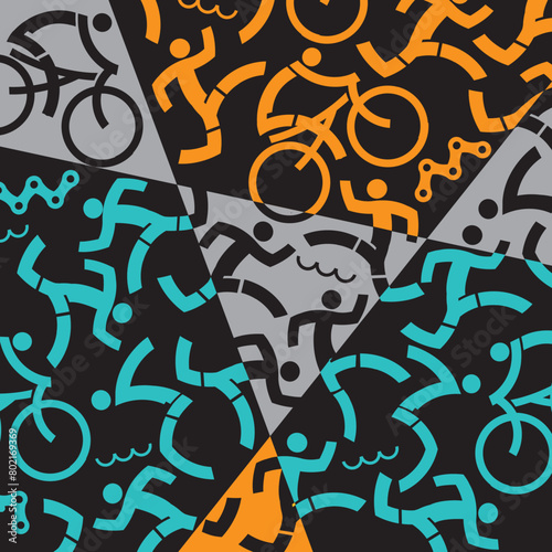 Triathlon icons, colorful dynamic background.  Background with symbols of triathlon athletes, swimmers, cyclists, runner. Vector available. © jiris