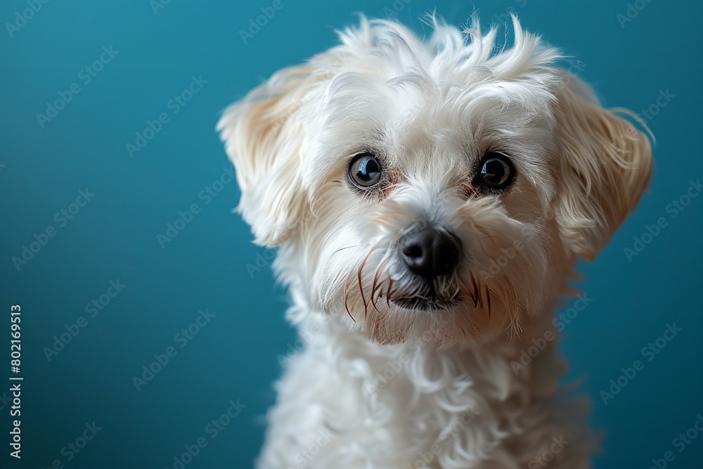 Portrait of a Maltese dog with blue eyes on a blue background