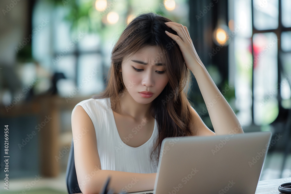 Stress,Depressed,Worried,Woking,Work life Balance,Frustrated Asian business woman sitting at a desk with a laptop in an office, Stress,Depressed,Worried,Woking,Work life Balance,Frustrated Asian business woman sitting at a desk with a laptop in an office,