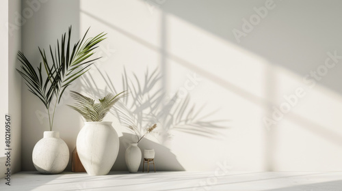 A white vase with a green leaf in it sits on a table. There are three other white vases in the room, all with green leaves in them. The room is very clean and bright © Bouchra