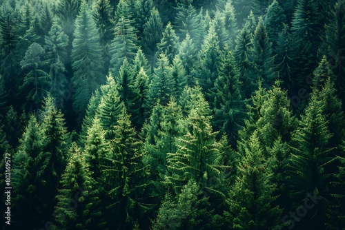 Aerial view of coniferous forest in Carpathian mountains