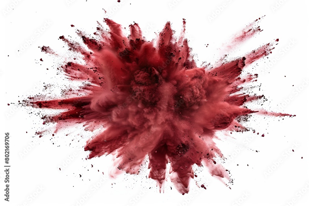 Dramatic maroon chalk explosion effect, vividly presented on a white background