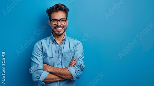 Young hispanic man wearing blue shirt and glasses, looking at camera with positive confident smile, holding arms crossed, isolated on blue background photo