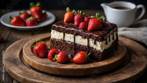 A cake with chocolate and strawberries on a wooden plate generative AI