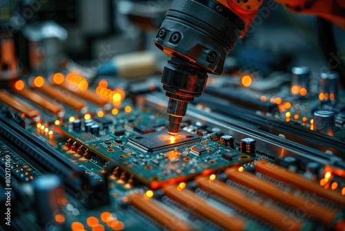 Advanced Electronics Factory. Component Installation on Black Circuit Board. Electronic Devices Production Industry. Fully Automated Modern PCB Assembly Line.