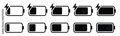 Battery icon set. low to full battery level status indicator with charging symbol for mobile app, ui, and other design. vector illustration on transparent background.