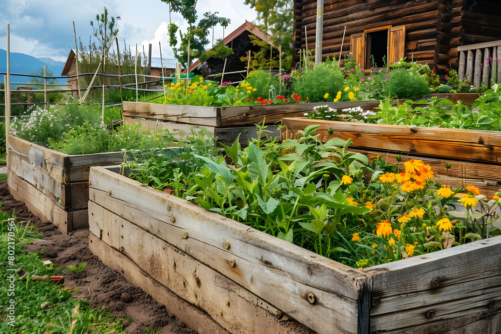 Wooden raised beds in a modern garden with growing plants, herbs, spices, vegetables and flowers near a wooden house in the countryside. Wooden raised beds in a modern garden with growing plants, herbs, spices, vegetables and flowers near a wooden house in the countryside.
