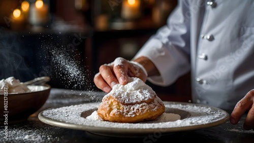 A closeup image of a chef sprinkling powdered sugar over a plate of beignets,generative AI