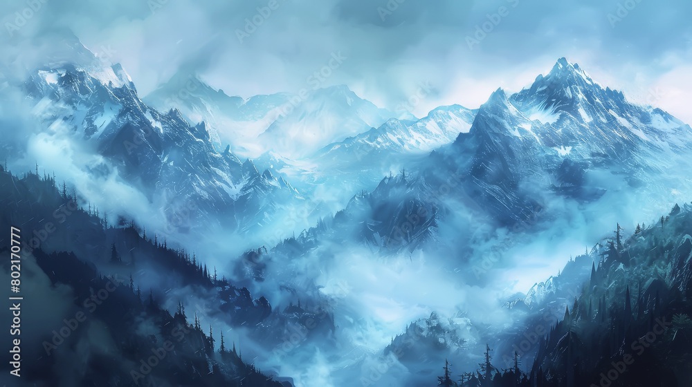 Imposing snowy mountains rise above clouds and mist with a serene forested wilderness below