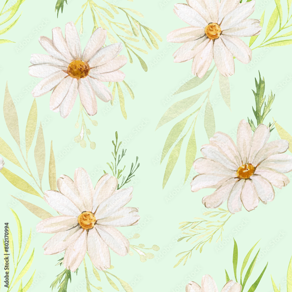 Watercolor seamless pattern with daisies and green herbs. Daisy and plants on a colored turquoise background. Botanical illustration for packaging design, wrapping paper, textiles, ceramics.