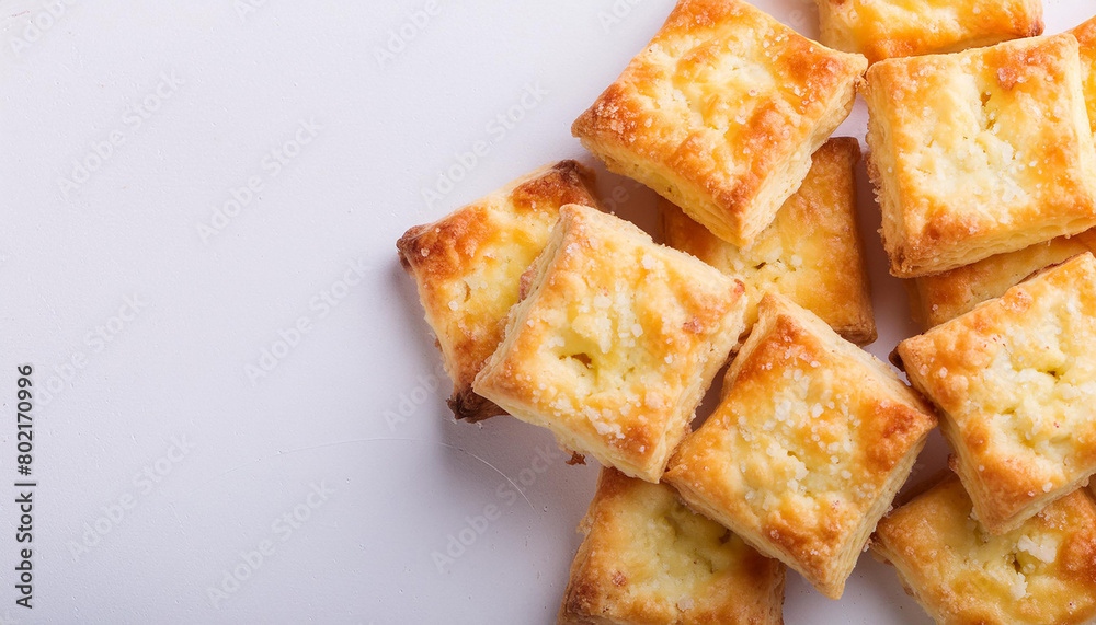 Freshly baked cheese crackers on white table. Tasty food. Delicious snack. Baked goods. Top view. Freshly baked cheese crackers on white table. Tasty food. Delicious snack. Baked goods. Top view.