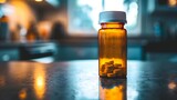 Symbolizing the addiction crisis: High-quality image of a prescription opioids bottle on a table. Concept Addiction Crisis, Prescription Opioids, Substance Abuse, Health Awareness, Drug Addiction