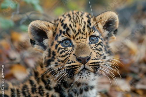 Close-up portrait of a leopard cub, Panthera pardus photo