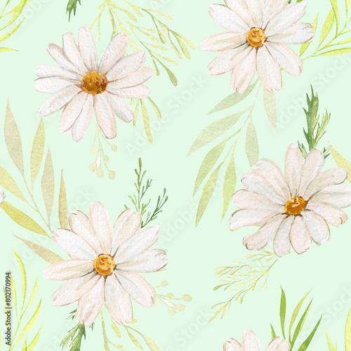 Watercolor seamless pattern with daisies and green herbs. Daisy and plants on a colored turquoise background. Botanical illustration for packaging design  wrapping paper  textiles  ceramics.