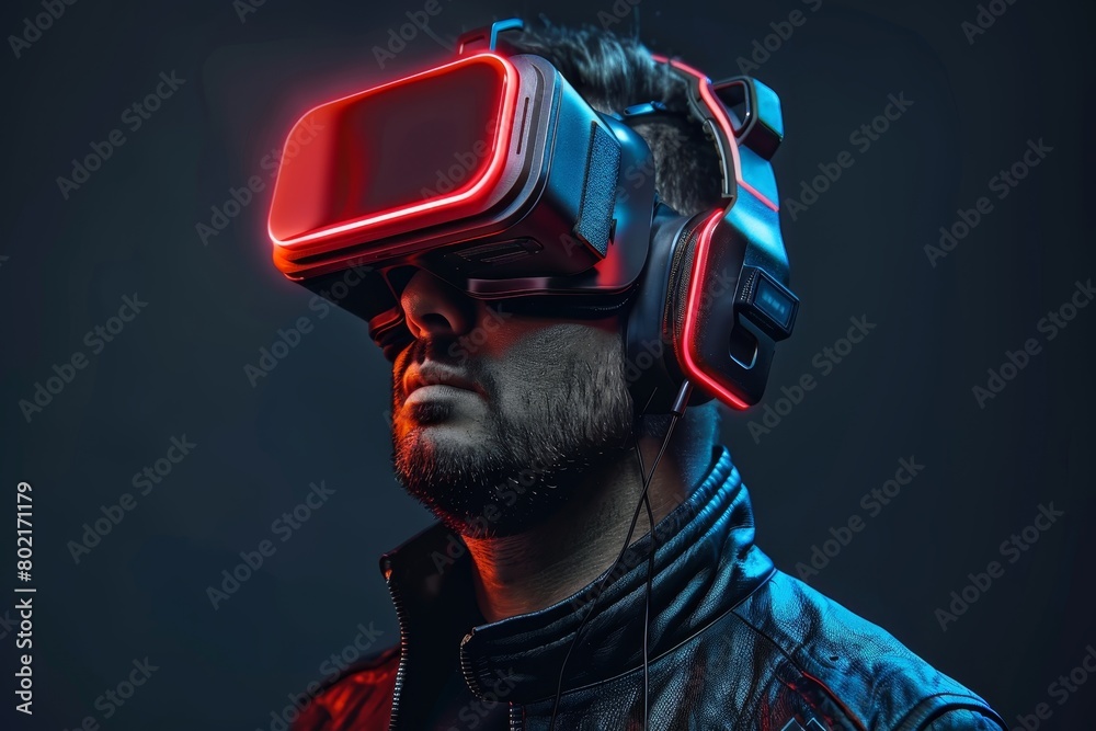 A man wearing a virtual reality headset and headphones. A man wearing a virtual reality headset and headphones.