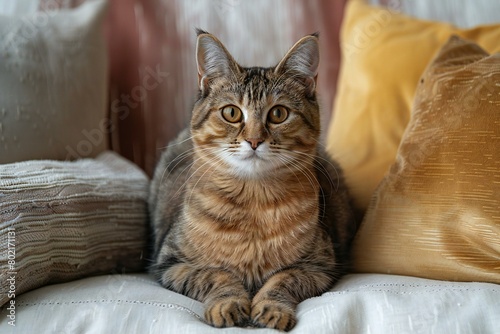 Cute tabby cat on sofa, close up, Animal portrait