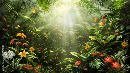 A lush tropical jungle with bright flowers and a ray of sunlight shining through the trees.