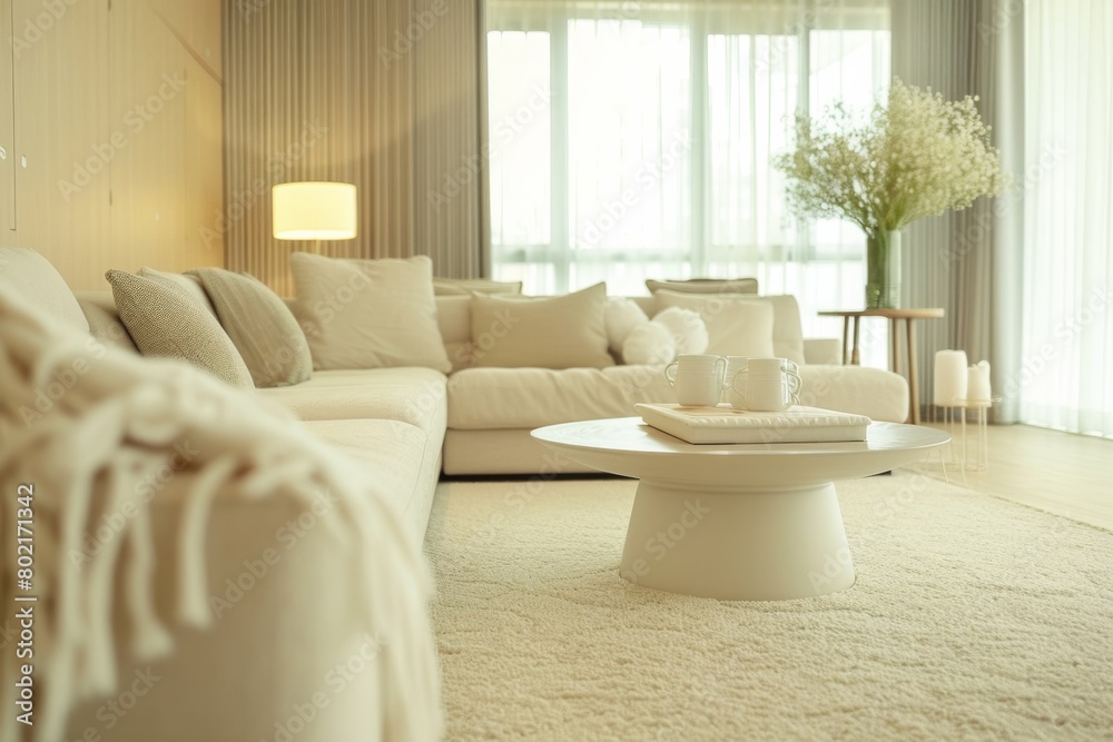 Serene Living Room Interior with Comfortable Sofa and Soft Lighting Serene Living Room Interior with Comfortable Sofa and Soft Lighting