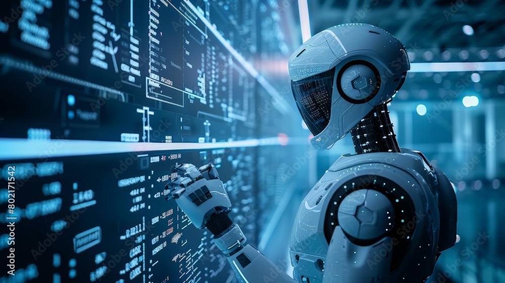 Futuristic Robot Engaged in Advanced Data Analysis. A robot equipped with artificial intelligence analyse complex data on a virtual screen, showcasing the power of machine learning and coding in a hig Futuristic Robot Engaged in Advanced Data Analysis. A robot equipped with artificial intelligence analyse complex data on a virtual screen, showcasing the power of machine learning and coding in a hig