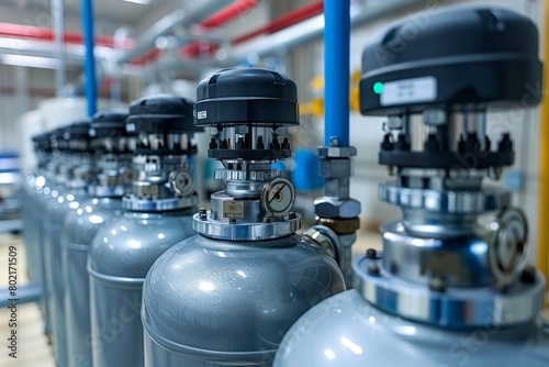 A row of pressurised gas cylinders with gauges and valves. photo