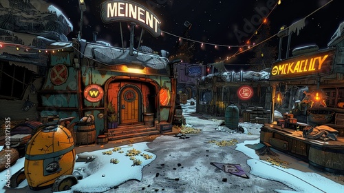 A screenshot from the video game Borderlands 3, showing a snowy town at night. photo