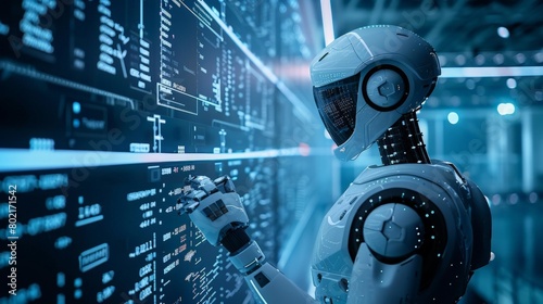 Futuristic Robot Engaged in Advanced Data Analysis. A robot equipped with artificial intelligence analyse complex data on a virtual screen, showcasing the power of machine learning and coding in a hig