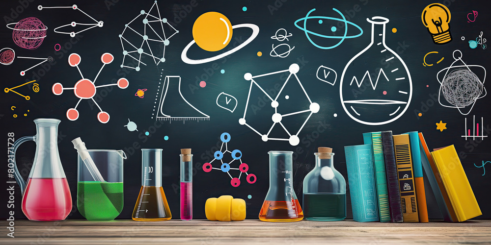 Creative and colorful science education concept with various laboratory glassware against a chalkboard filled with vibrant scientific drawings. Creative and colorful science education concept with various laboratory glassware against a chalkboard filled with vibrant scientific drawings.