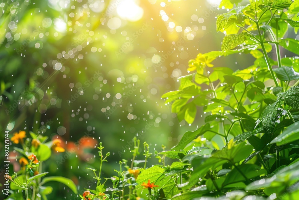 Sunlight Filtering Through Fresh Green Foliage with Raindrops Sparkling in Nature