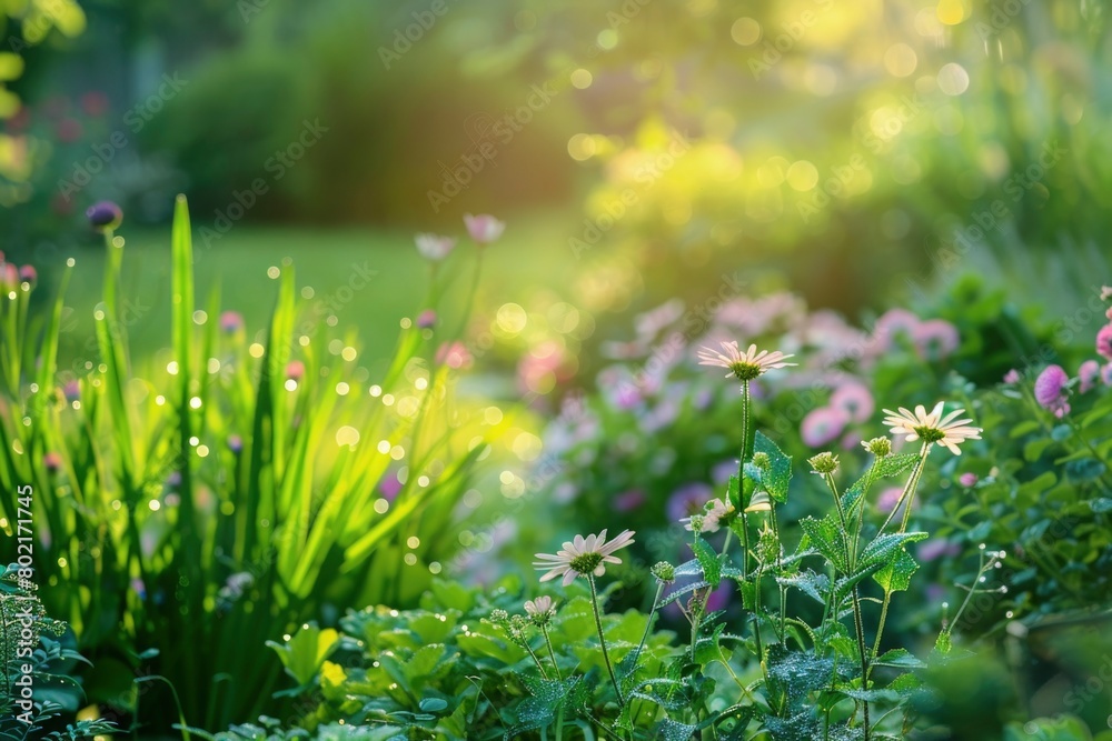 Serene Morning Dew on Lush Spring Flowers and Greenery