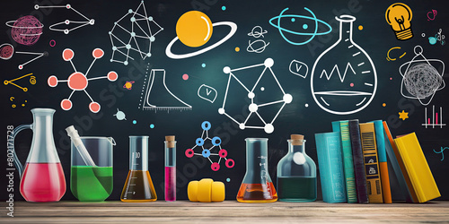 Creative and colorful science education concept with various laboratory glassware against a chalkboard filled with vibrant scientific drawings.