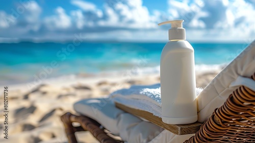 mock up bottle of sunscreen on beach chair photo