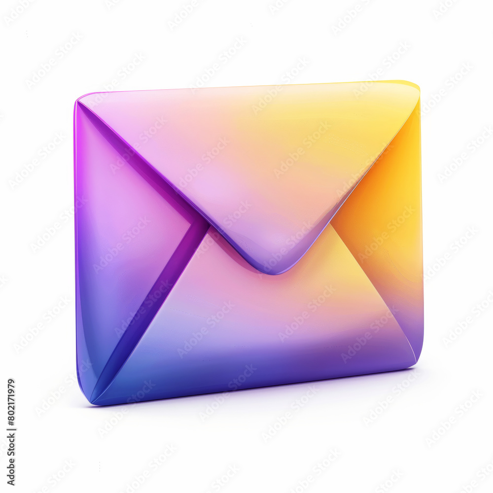 Perspective, A 3D rendering of a purple and yellow email icon, clip art 3d, isolated white background.