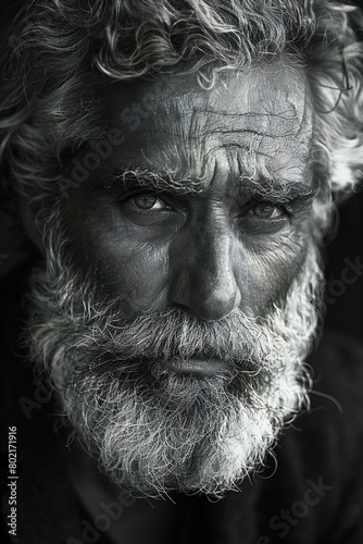 Portrait of an old man with a long gray beard and mustache,  Black and white © Nguyen