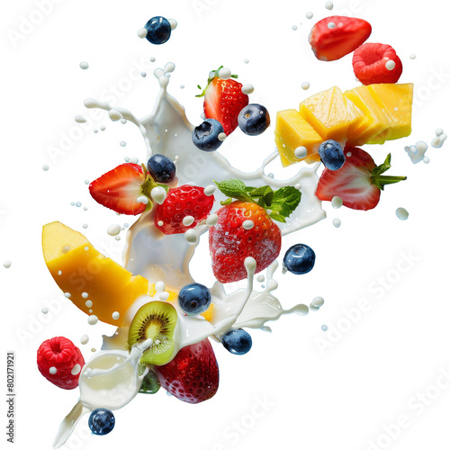 Fototapeta Naklejka Na Ścianę i Meble -  Pieces of fruit and milk flew around. Transparent background, suitable for design elements