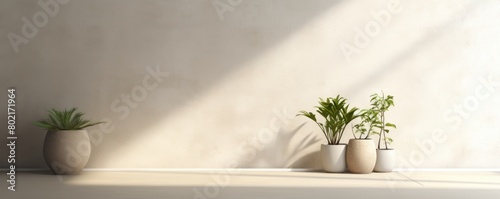 White minimalistic abstract empty stone wall mockup background for product presentation. Neutral industrial interior with light, plants, and shadow