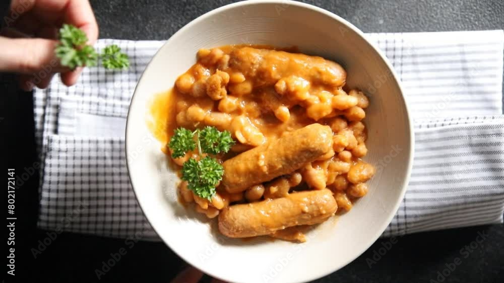 beans with sausages tomato sauce fresh cooking appetizer meal food snack on the table copy space food background rustic top view beans with sausages tomato sauce fresh cooking appetizer meal food snack on the table copy space food background rustic top view