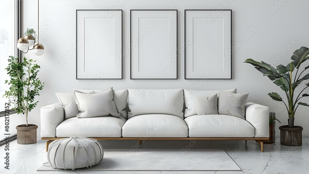 Fototapeta premium Displaying Empty Picture Frames in a Contemporary Living Room with White Sofa and Decor. Concept Home Decor, Empty Frames, Contemporary Living Room, White Sofa, Interior Design