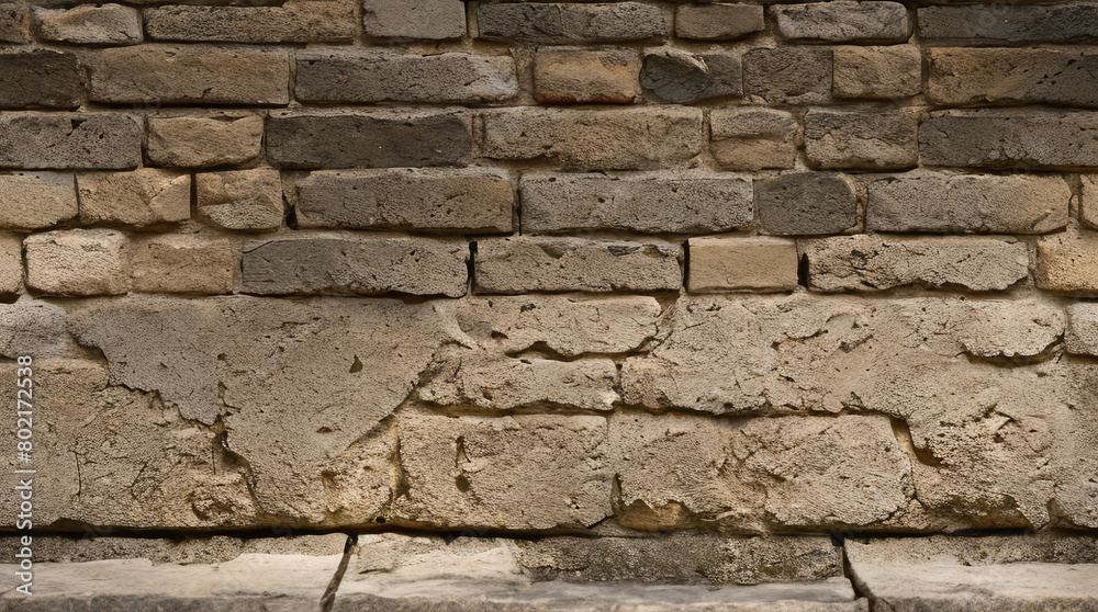 Fototapeta premium Stone Wall Texture. Brick Wall Background. Rough Stone Surface. Ancient Brickwork. Weathered Vintage Old Masonry Rustic Aged Architecture Pattern Urban Brown Grey Gray