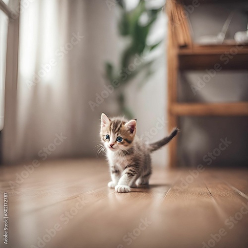 A kitten is playing in the house