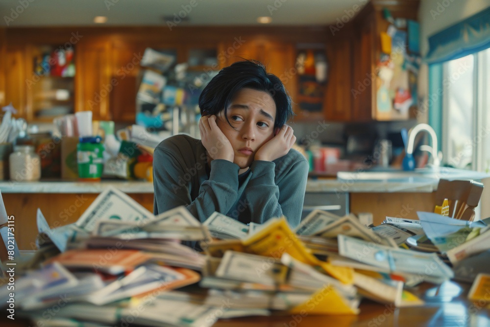 Parent staring at a pile of bills and unfinished projects on the dining table. reflecting modern stress and life balance. Parent staring at a pile of bills and unfinished projects on the dining table. reflecting modern stress and life balance.