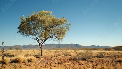 Illustration of a tree in a dry landscape highlighting the effects of climate change. Concept Climate Change, Dry Landscape, Tree Illustration, Environmental Impact