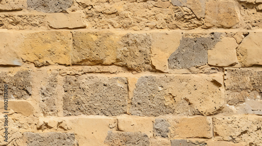 Fototapeta premium Stone Wall Texture. Brick Wall Background. Rough Stone Surface. Ancient Brickwork. Weathered Vintage Old Masonry Rustic Aged Architecture Pattern Urban Yellow