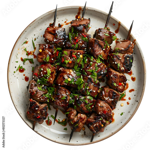 Anticuchos (Grilled Beef Heart Skewers) Food Dish top view isolated on a transparent background