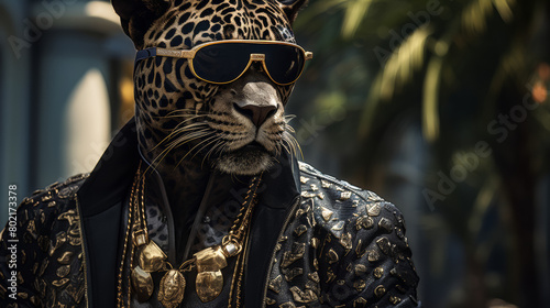 A man dressed in a leopard suit and sunglasses stands in front of a palm tree