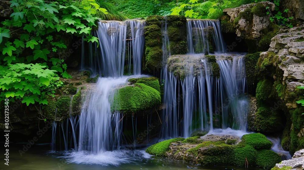 cascading waterfalls intertwine with emerald green foliage. Jungle waterfall. AI Generative