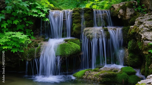 cascading waterfalls intertwine with emerald green foliage. Jungle waterfall. AI Generative