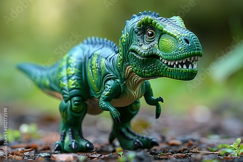 Close-up of a green dinosaur toy standing on the ground