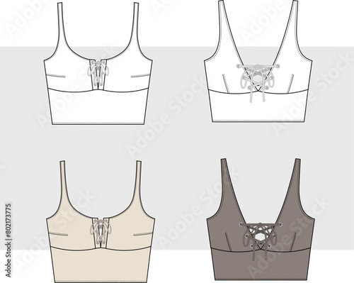 Women's Lace-up Tie Front Top. Technical fashion top illustration.  lace up cropped - summer swim wear. fashion designer flat sketch drawing. two pieces set. 